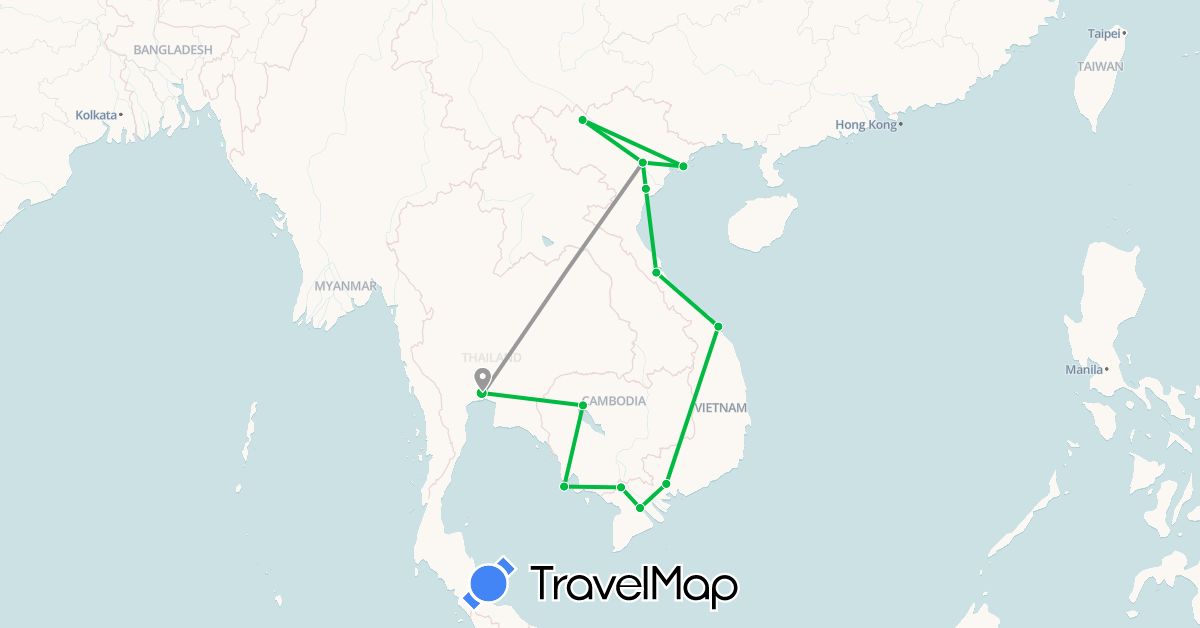 TravelMap itinerary: driving, bus, plane in Cambodia, Thailand, Vietnam (Asia)